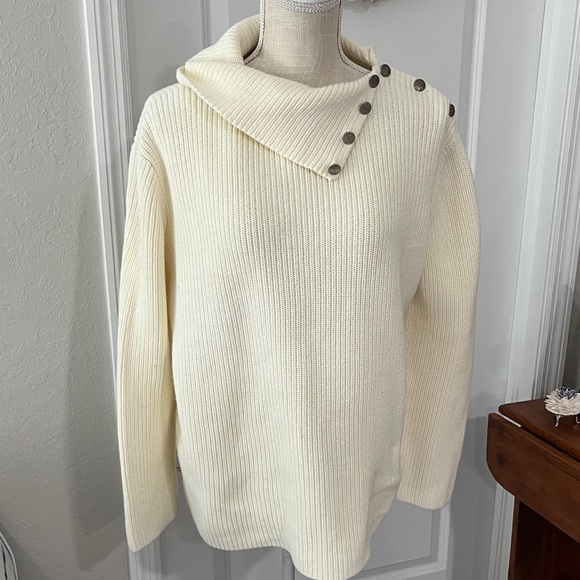 Ralph Lauren Vintage Cream Cowl Neck Cotton Knit Sweater Button Accents Rare L - Picture 1 of 12